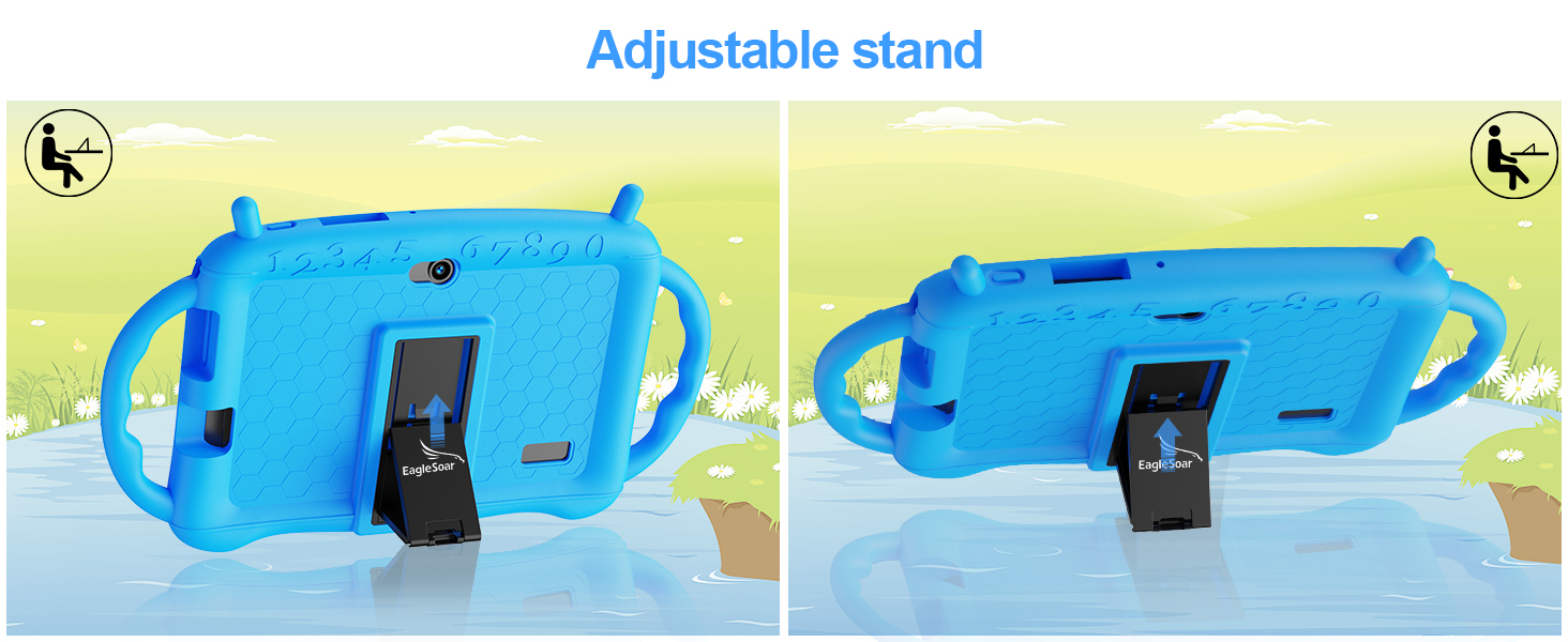 Blue plastic device with adjustable stand feature. Two images show different positions: one flat, one angled upright. Black strap visible for securing.
