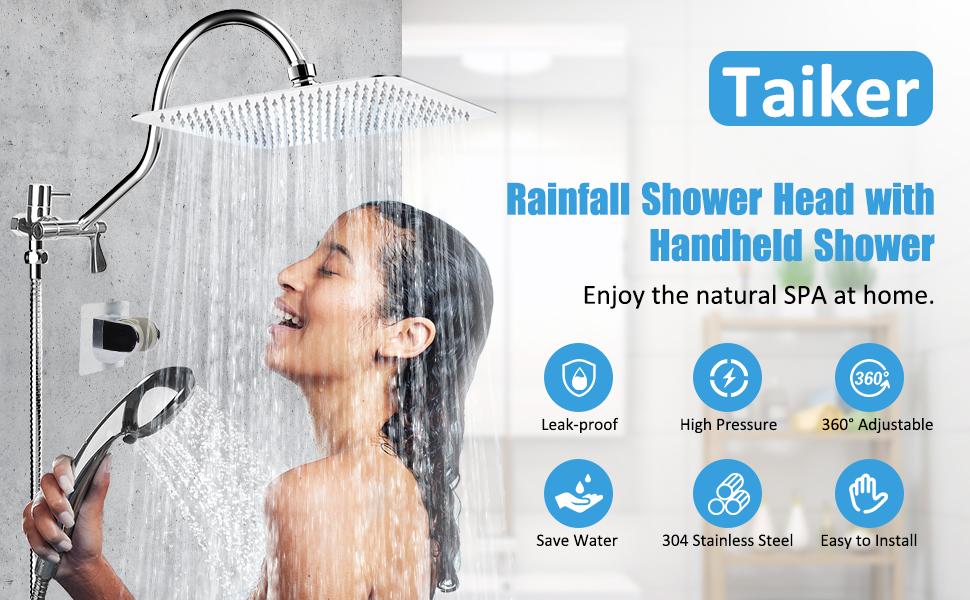 Taiker Shower Head, 8 Inch High Pressure Rainfall Shower Head/Handheld