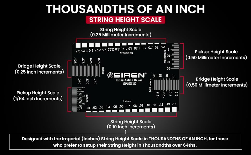 String Action Gauge front shown with detailed scale/measurement descriptions and explanations