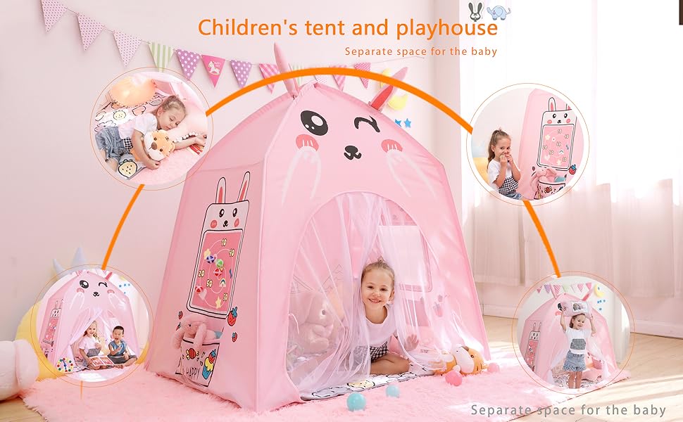Princess Castle Play Tent Kids Play Tent Pink Kids Teepee Tent Large Children Playhouse Cute Rabbit Shape Tent Toddler playroom for Girls Indoor Outdoor Toys Birthday (Rabbit) 18 baby playhouse