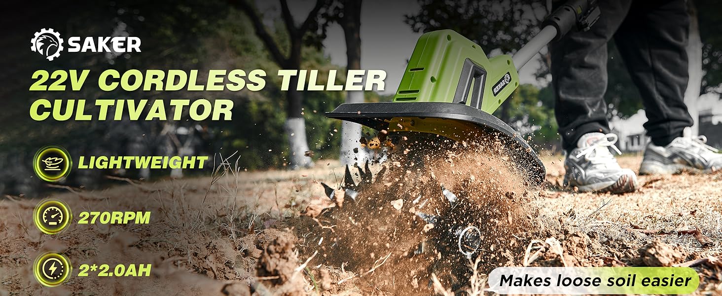 Saker 22V Cordless Electric Garden Tiller Cultivator