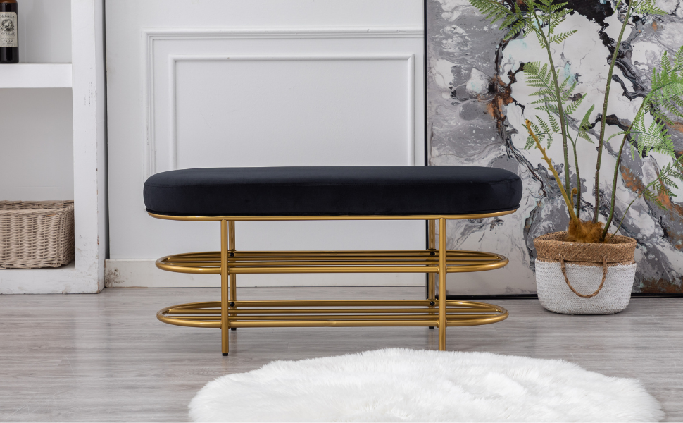 HEAHYO Modern Bench Set of 1, Upholstered Velvet Entryway Bench with Gold Metal