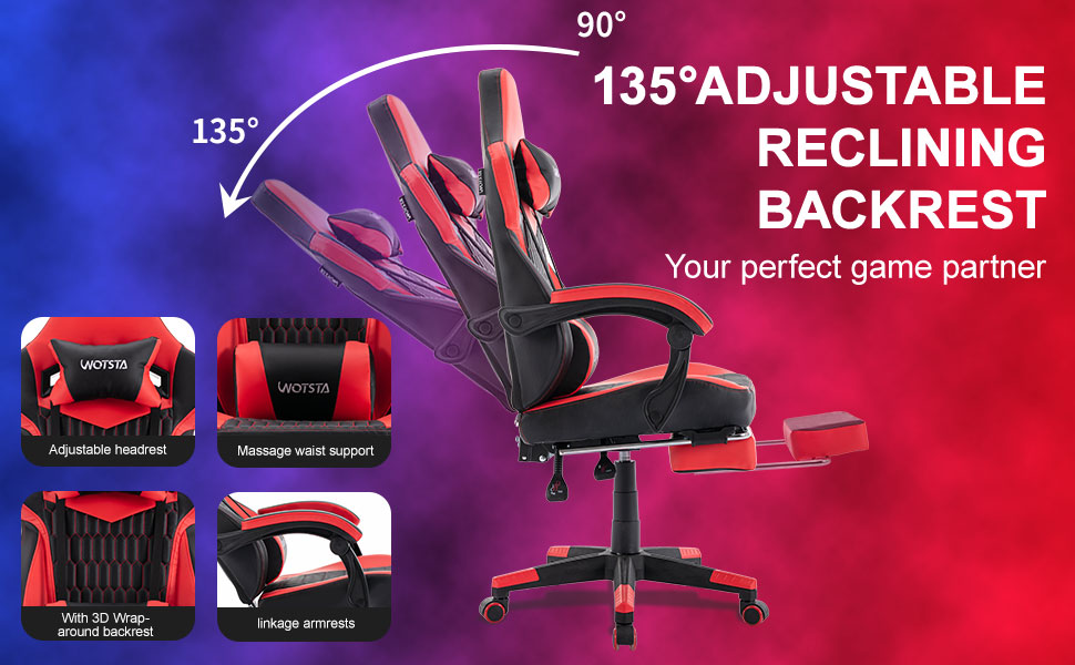 WOTSTA Gaming Chairs Massage Game Chair with Footrest Reclination Angle Adjustable Backrest