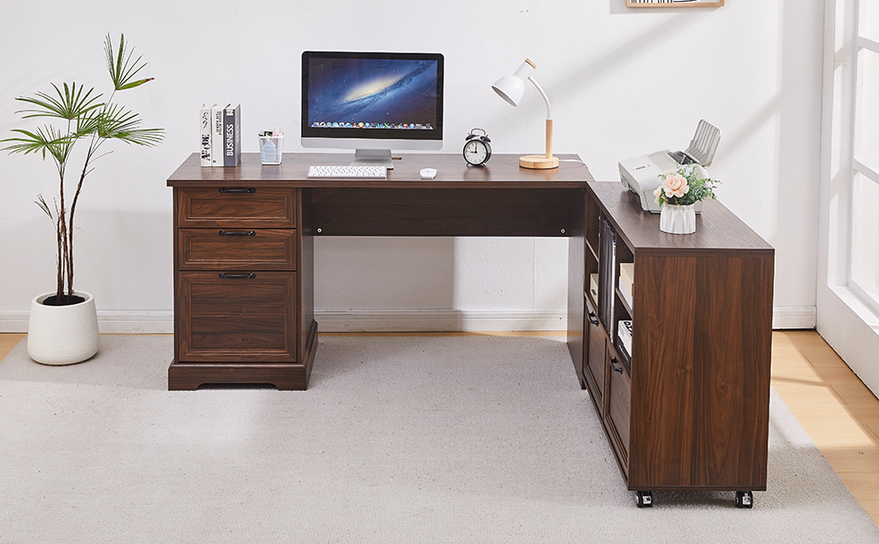  L-Shaped Executive Desk with 40" File Cabinet