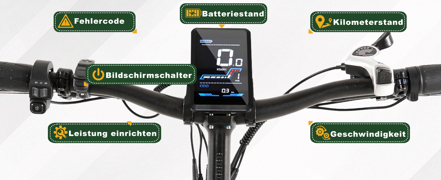Fahrradlenker mit Digitalanzeige zur Geschwindigkeitsanzeige. Bedienelemente für Fehlercodes, Batteriestatus, Kilometerzähler, Bildschirmhelligkeit, Leistungseinstellungen und Geschwindigkeit, die rund um das Display sichtbar sind