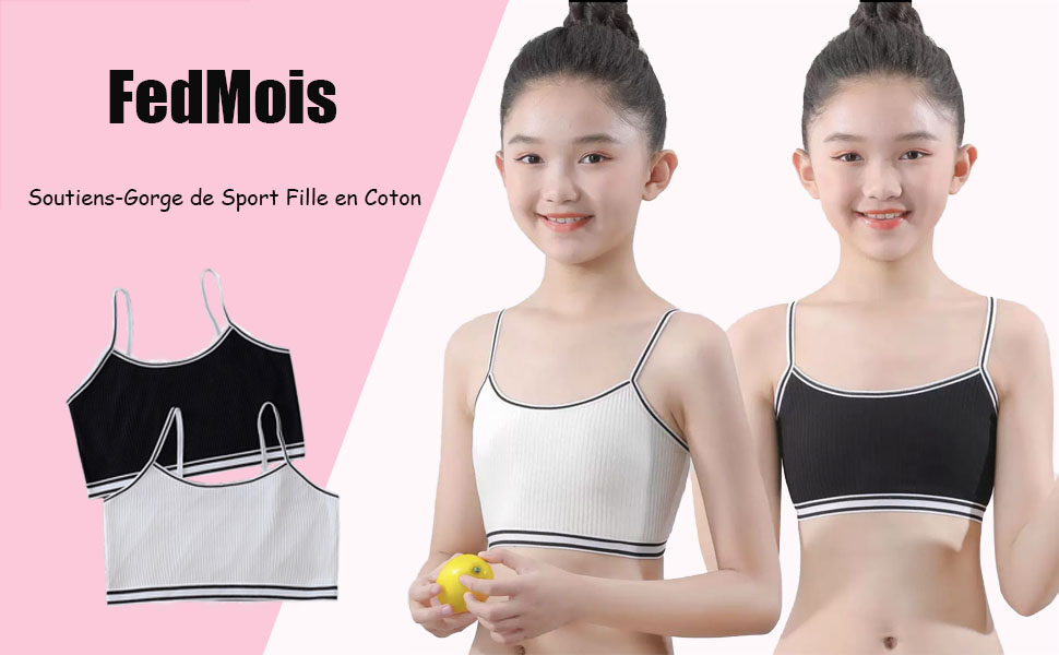 Le texte indique « FeuMois ». Présentoir de produits présentant des soutiens-gorge de sport aux couleurs noir et blanc avec de fines bretelles et un design minimal, présentés sous plusieurs angles sur fond rose.