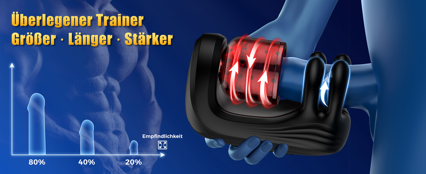 Der Text lautet „Überlegener Trainer: Größer - Länger - Stärker“. Blau getöntes Produktbild mit rot beleuchteten Elementen auf dunklem Hintergrund.