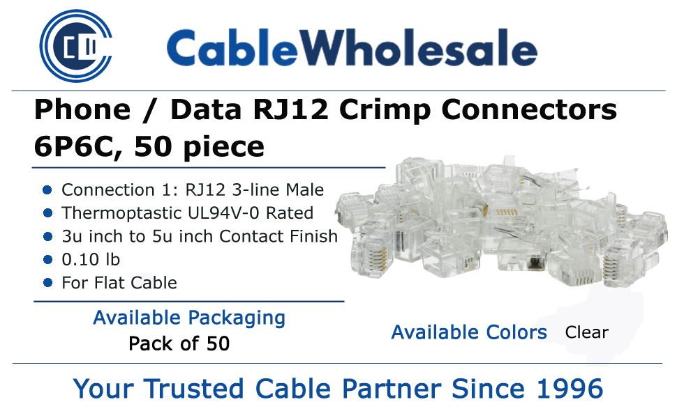 Phone/Data RJ12 Crimp Connectors for Flat Cable, 6P6C, 50