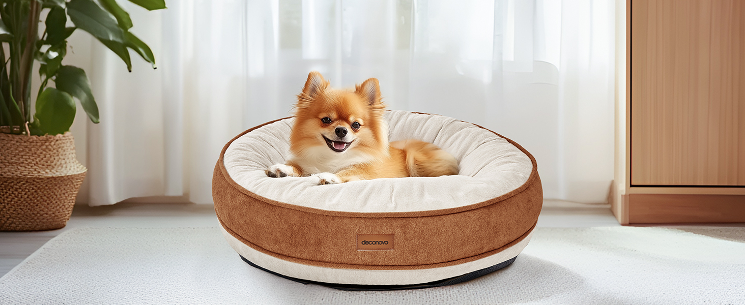 Deconovo Cosy Donut Dog Bed Medium– Soft Plush Cushion with Water Resistent Back & Non-Slip Base – Washable & Durable Nest for Dogs and Cats, 61x61x15cm, Caramel and Cream 19 dog bed
