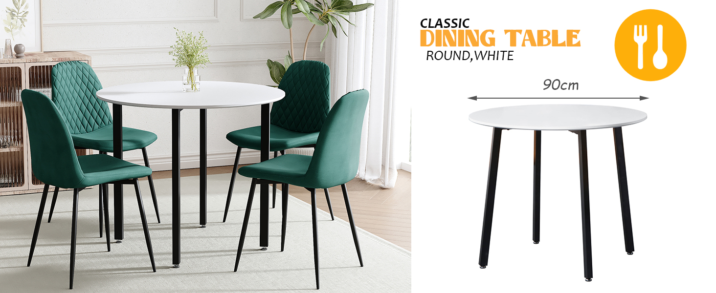GOLDFAN Round Dining Table Set for 4 with Soft Velvet Chairs 90cm Modern White Kitchen Table and Chairs Set for Small Spaces, Dining Room, Office (White+Green) 10 161-2