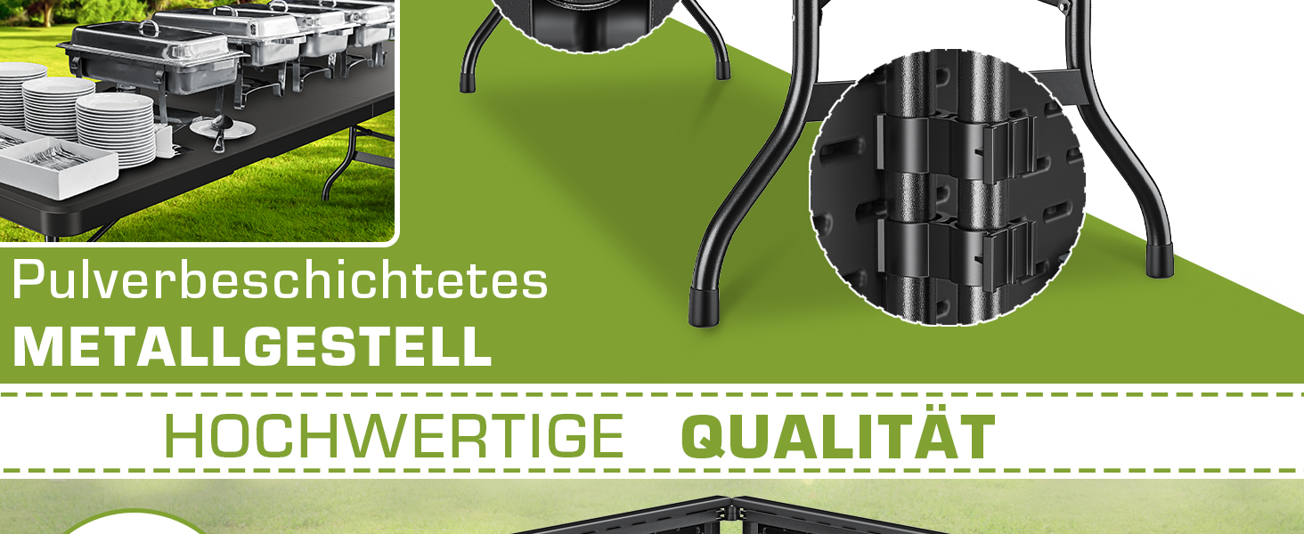 Der Text lautet „METALLGESTELL“, „HOCHWERTIGE QUALITÄT“, „Pulverbeschichtetes“. Produktdisplay mit Rahmen- oder Strukturbauteilen aus Metall.