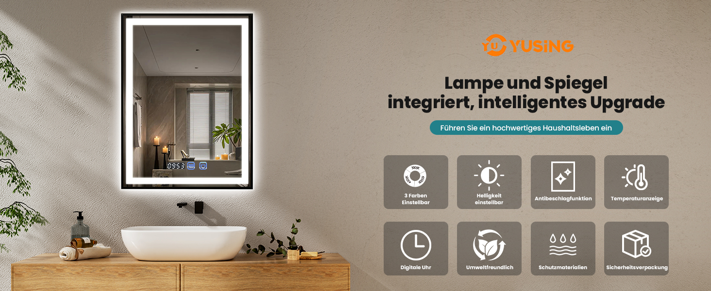 Moderner LED-Badezimmerspiegel, montiert über einem hölzernen Waschtisch mit Spülbecken. Die Benutzeroberfläche bietet intelligente Funktionen wie Beleuchtungs- und Entnebelungssteuerungen