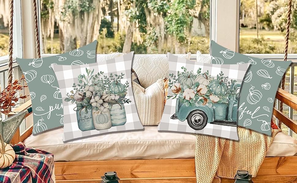 Blue Fall Pillow Covers 18x18 Set of 4, Outdoor Decorative Blue Pumpkin Throw Pillow