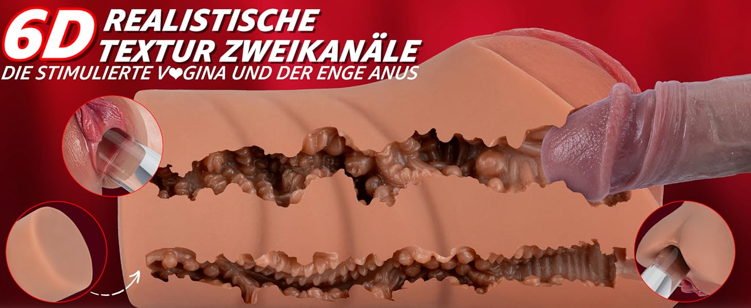 Der Text lautet '6D REALISTISCHE TEXTUR ZWEIKANÄLE'. Dunkles atmosphärisches Bild mit roter Überlagerung, die strukturierte Oberflächen und Lichteffekte zeigt.