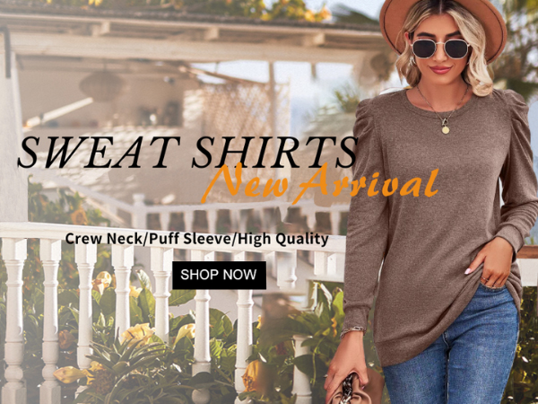 LCXWFE Womens Puff Sleeve Tops Dressy Casual Crew Neck Long