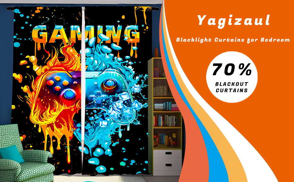 Yagizaul Gamer Blackout Curtains for Bedroom, Blacklight UV