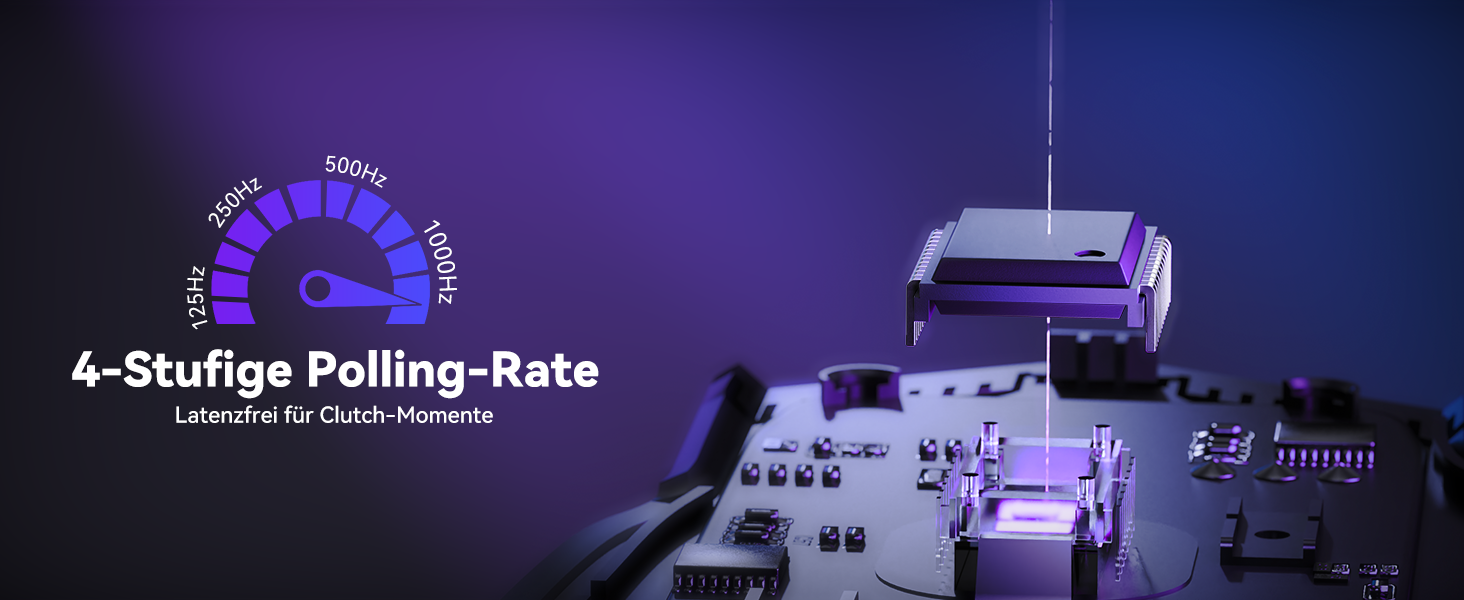 Der Text lautet „4-Stufige Polling-Rate“. Nachtszenen, die beleuchtete architektonische Strukturen mit lila-blauen Lichteffekten zeigen.