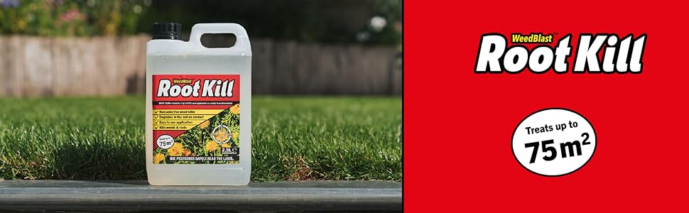Root Kill herbicide product in white plastic container on grass, with red branded panel showing coverage area of 75m².