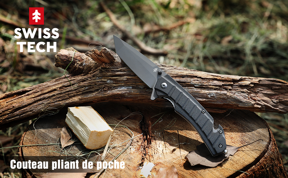 Swiss+Tech Couteau De Poche Multifonction Avec Lame Tanto, Clip, Brise-verre, Coupe-corde, Couteau Pliant Parfait Pour Chasse, Survie En Camping, Randonnée, Urgence Et Usage Domestique 12 1