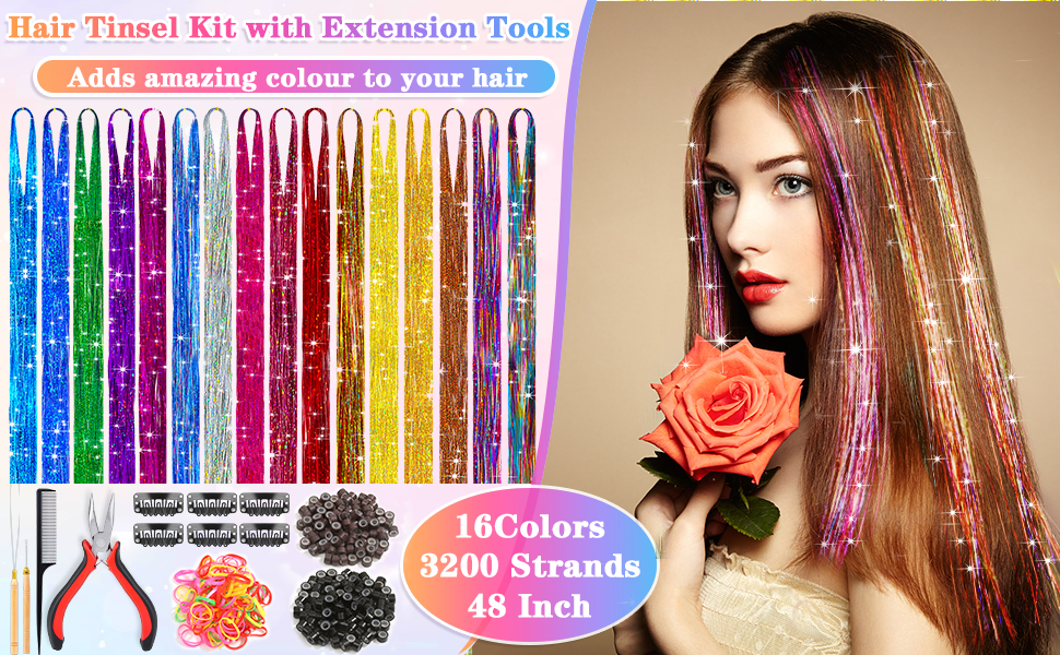Fairy Hair Tinsel Kit with Tools, 16 Colors 48 Inch 3200