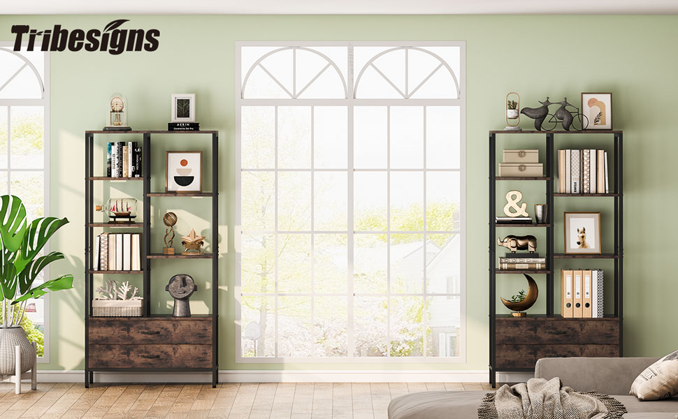 Tribesigns Bookshelves with Drawers, 2Pack Vertical Tall