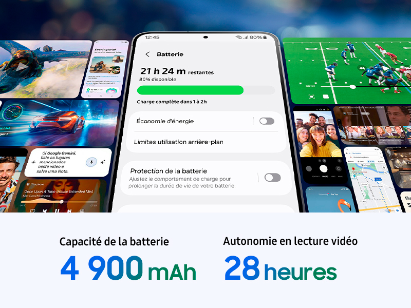 Le texte indique « 4 900 mAh » et « 28 heures ». Série d'écrans d'interface d'applications mobiles présentant diverses fonctionnalités et paramètres.
