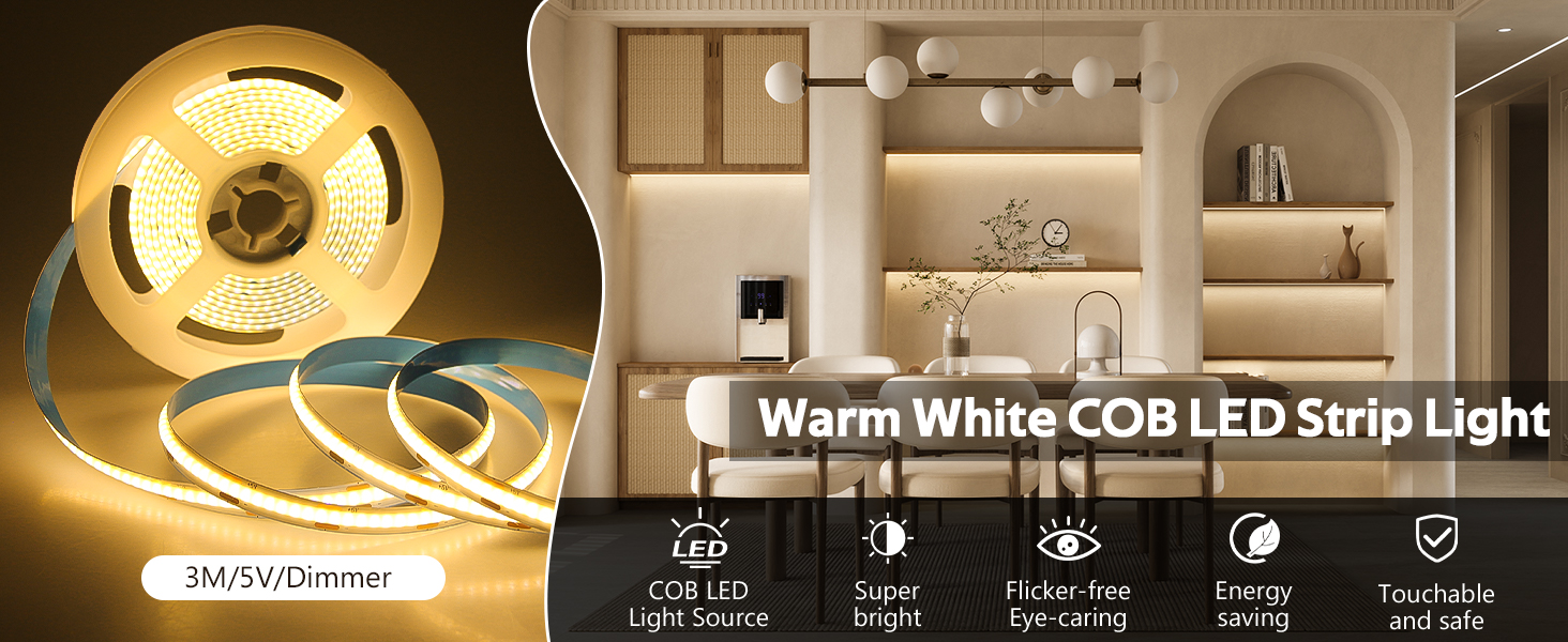 Aclorol 3M COB LED Strip Light Warm White 3000K 5V USB Flexible LED