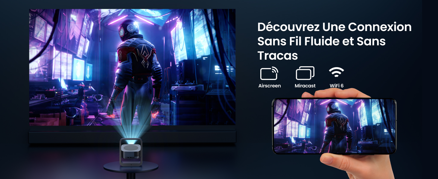 Publicité pour la technologie de mise en miroir d'écran sans fil, montrant une scène urbaine futuriste sur un grand écran et reflétée sur un smartphone, avec un texte en français