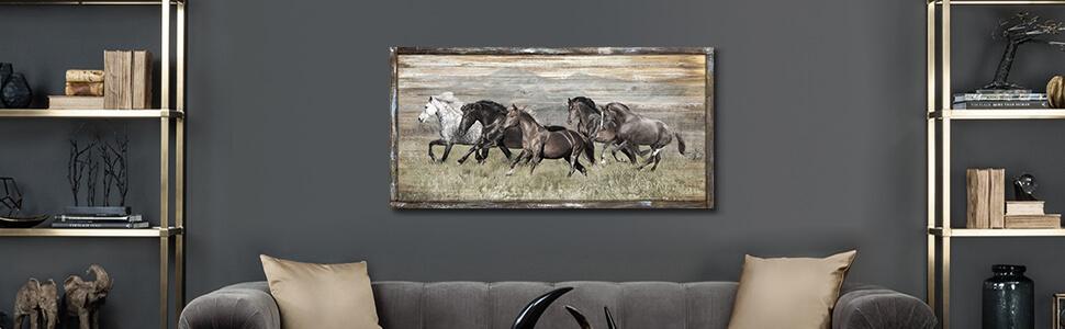 Amazon.com: Wooden Horses Picture Wall Decor: Modern Running Wildlife