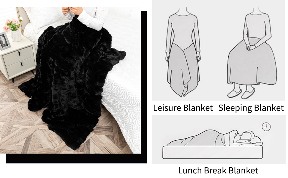 Mibathni Real Rex Rabbit Fur Blanket Throw Soft Black Plush