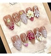 10Pcs Handmade Press on Nails Medium Almond Fake Nails with 3d Designs Gold Beads Sun Star Rhines...