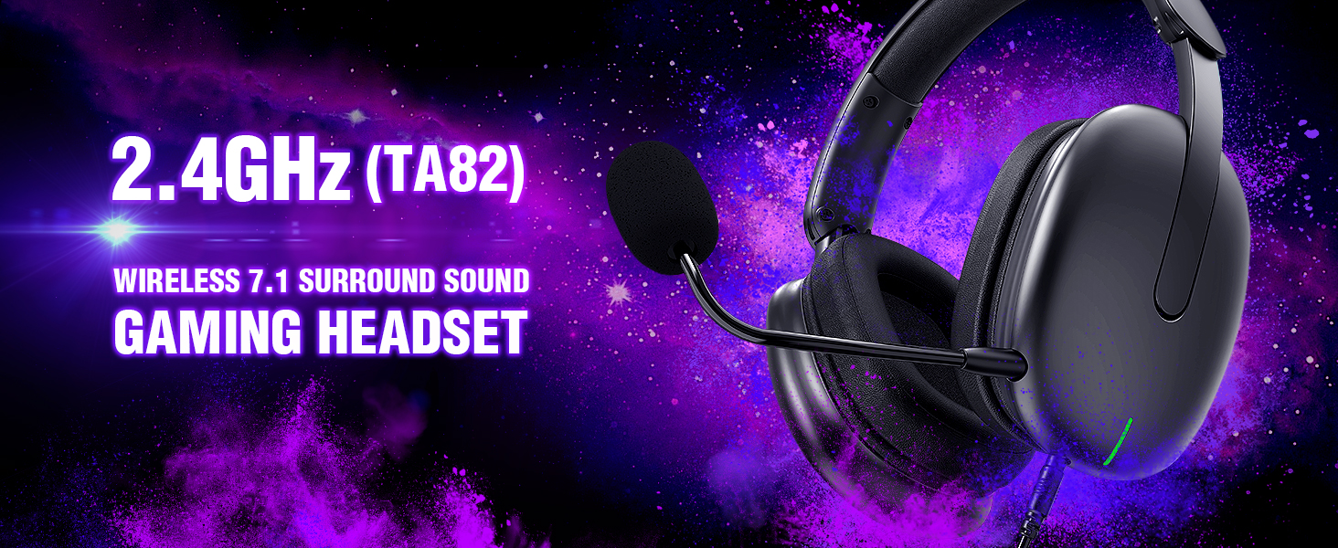 2.4GHz wireless gaming headset with 7.1 surround sound against purple nebula background. Black over-ear design with attached microphone.