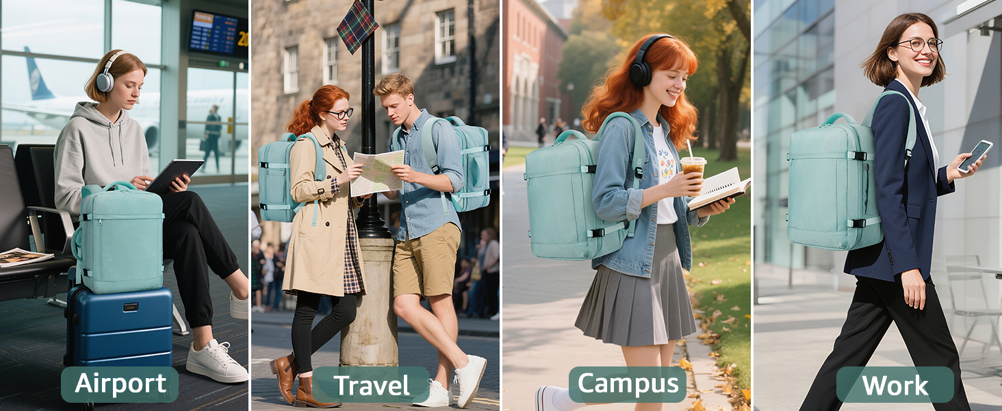 Text reads 'Airport, Travel, Campus, Work'. Multiple connected photos showing people walking in different settings with luggage and business attire.