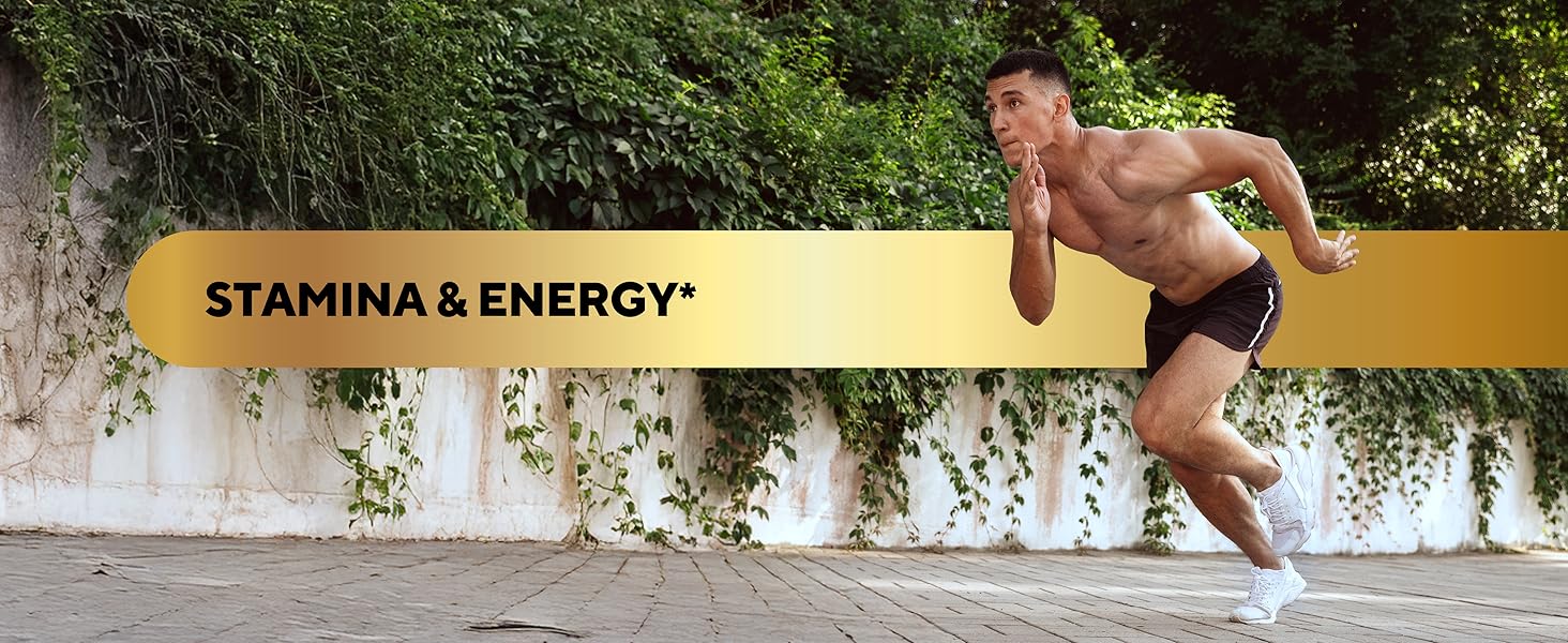 Stamina and energy text with athletic man in black shorts running outside