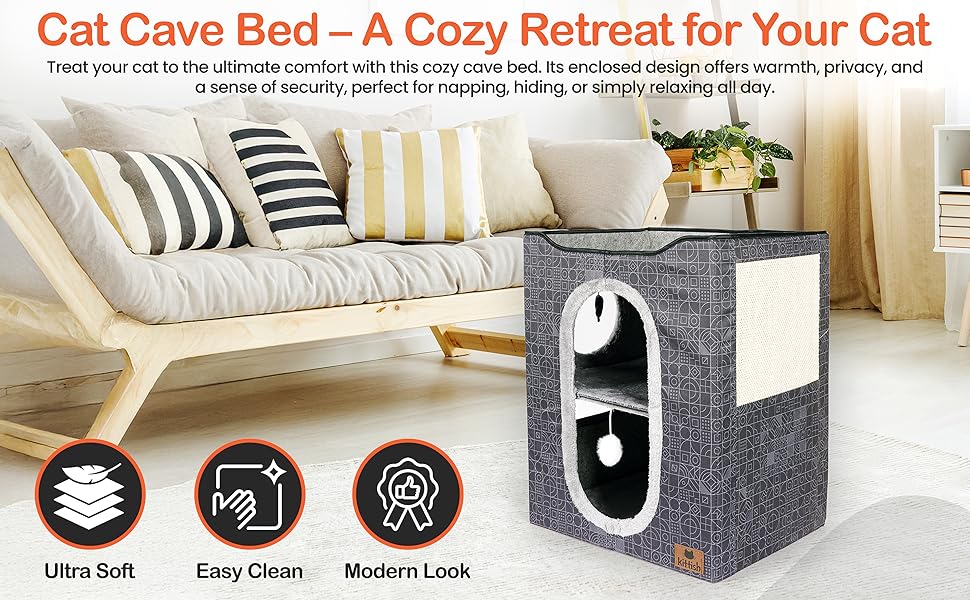 cat cave bed and indoor cat house with two levels, soft cushions, scratching panel, and toys