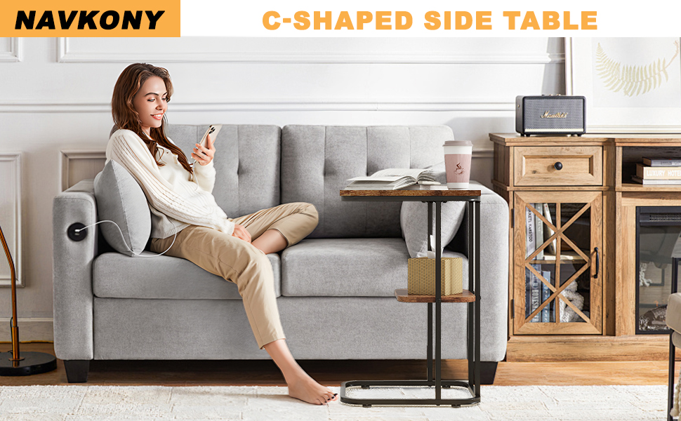 NAVKONY C Shaped End Table, Slide Under Couch Table with