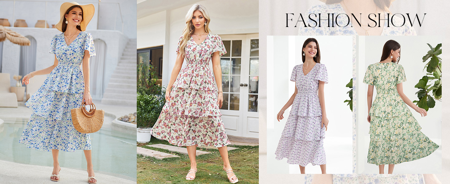 GRACE KARIN Womens 2025 Boho Summer Floral Print Layered A Line Long Midi Dress