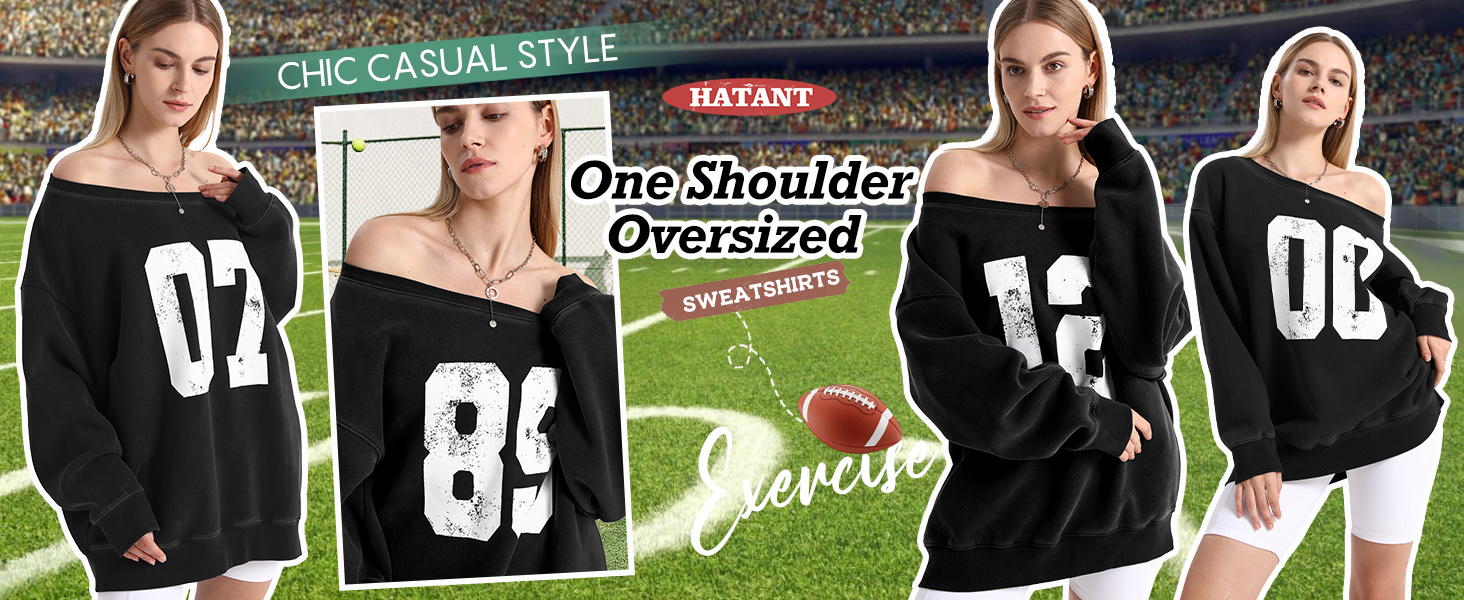 Hatant Off Shoulder Batwing Sleeve Loose Pullover Sweater Scoop Neck One Shoulder Sweatshirt Blue