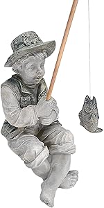 Frederic The Little Fisherman of Avignon Boy Fishing Garden Statue, two tone stone