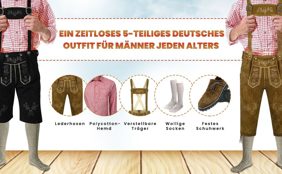 Traditional German clothing components diagram showing lederhosen, checkered shirt, suspenders, socks, and shoes arranged in sequential order.