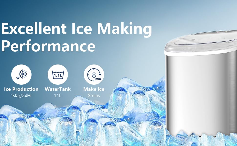 Portable Bullet Ice Maker Machine, One-Click Operation Ice Machine 34LBS/24Hr Production, 6-8 Minutes Quick Ice Making, 1.2L Water Tank, Silver 4 2