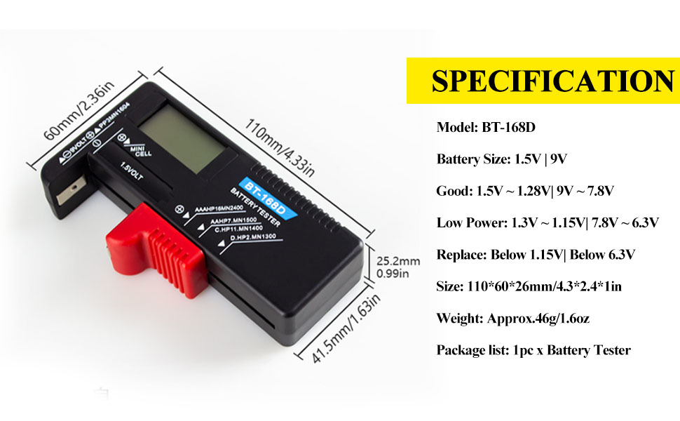 BT168D Battery Tester AA/AAA/C/D/9V/1.5V Battery Checker Universal