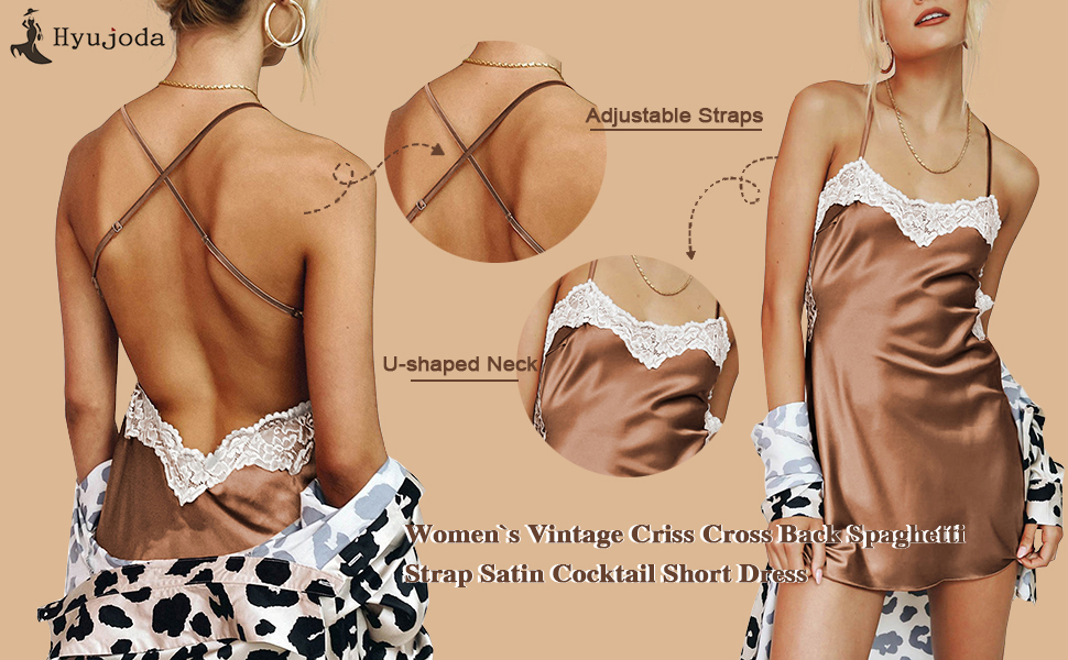 Women&#39;s Satin Criss Cross Back Lace Slip Dress Party Cocktail Evening Nightgown Dress