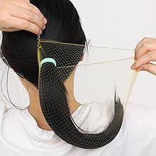 Place the top of the ponytail at the end of the hairnet