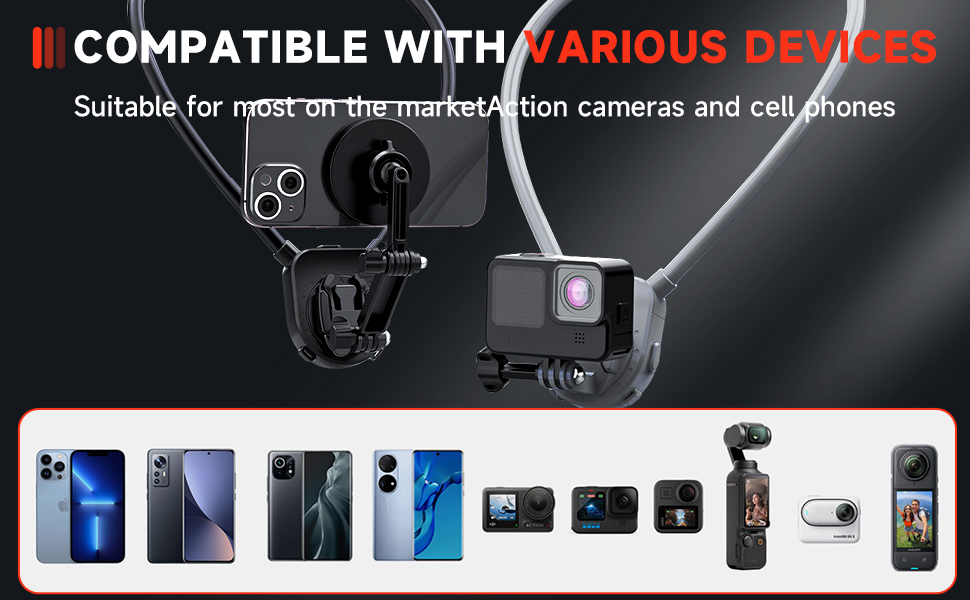 The Magnetic Neck Mount boasts wide compatibility, fitting a range of devices including the latest iPhone 15 series down to the iPhone 12, as well as GoPro cameras, making it the ultimate accessory for all your devices.