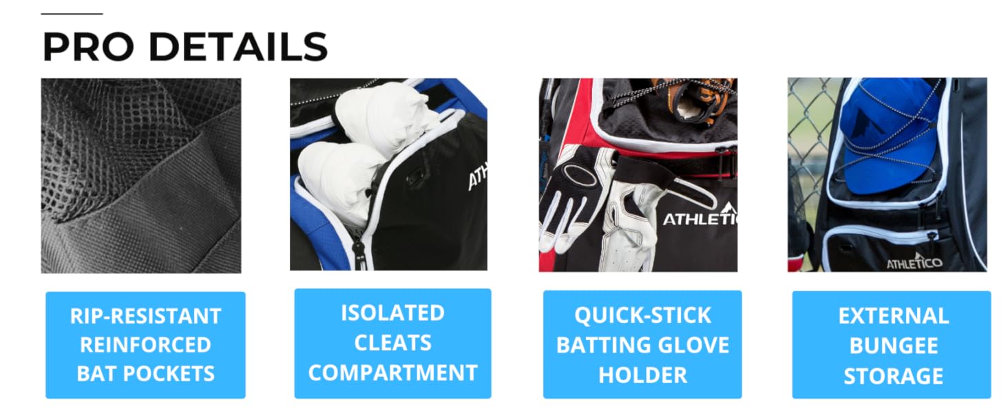 Pro Details: reinforced bat pockets, isolated cleats pocket, glove velcro, external bungee storage