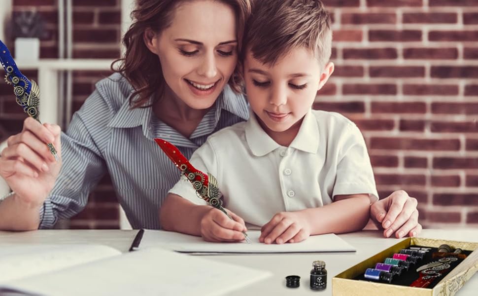 YICMY Quill Pen and Ink Set, Feather Calligraphy Pen Set with 5 Inks, 6