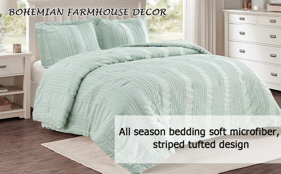 Homechoice Decor Beige Seersucker Tufted Comforter Set 3 Pieces Boho Queen Size