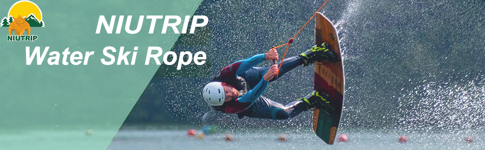 a man is doing water skiing, with product name and brand logo