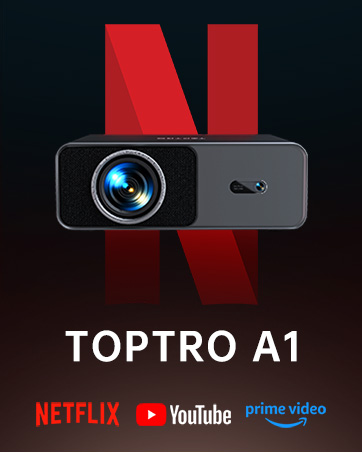 Text reads 'TOPTRO A1'. Series of streaming service logos including Netflix, YouTube, and Amazon Prime shown on dark background with electronic device interface elements.
